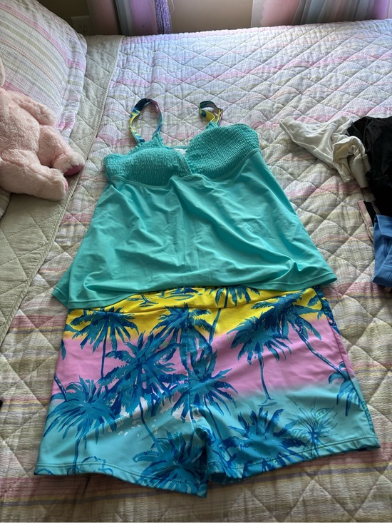 Other - Turquoise Smocked Swim Pajama Set with Tropical Palm-Print Shorts